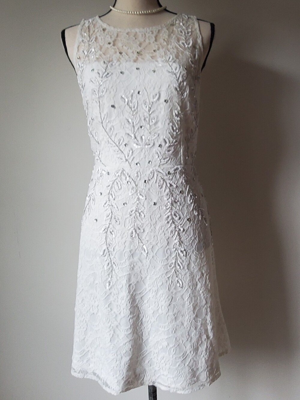 Adrianna Papell White Sequin Lace Midi Dress with Sleeveless Illusion Neckline